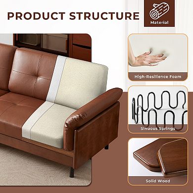 Mid Century Brown Leather Sofa, Vintage Leather Sectional Couch with Solid Walnut Base and Tufted