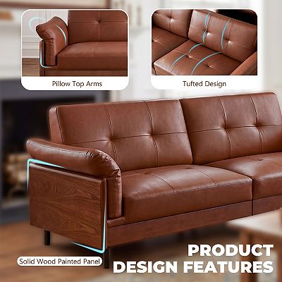 90.6''W Brown Leather Sofa, Mid-century Modern Loveseat, 4-seater