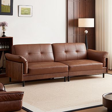 Mid Century Brown Leather Sofa, Vintage Leather Sectional Couch with Solid Walnut Base and Tufted