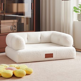 Faux Shearling Dog Bed Couch For Large Dogs Up To 70lbs, No Assembly Comfy Pet Sofa Bed, White
