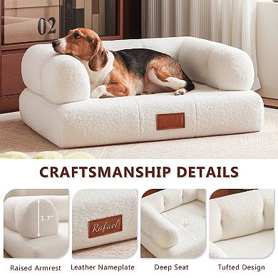 Faux Shearling Dog Bed Couch For Large Dogs Up To 70lbs, No Assembly Comfy Pet Sofa Bed, White