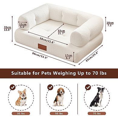 Faux Shearling Dog Bed Couch For Large Dogs Up To 70lbs, No Assembly Comfy Pet Sofa Bed, White