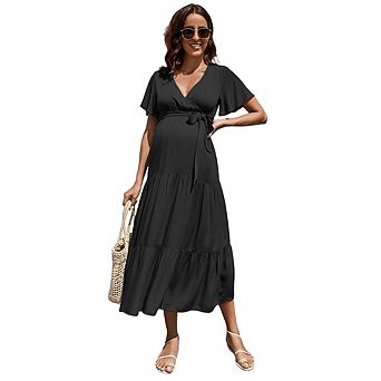 Women Maternity V Neck Flutter Sleeve Dress with Belt