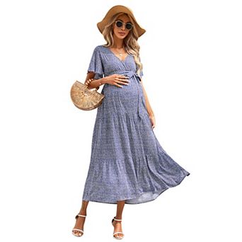 Women Maternity V Neck Flutter Sleeve Dress with Belt