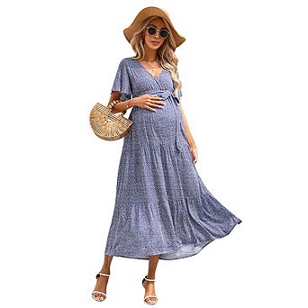 Women Maternity V Neck Flutter Sleeve Dress with Belt