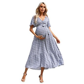 Women Maternity V Neck Flutter Sleeve Dress with Belt