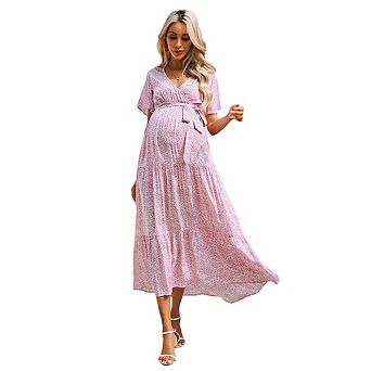 Women Maternity V Neck Flutter Sleeve Dress with Belt