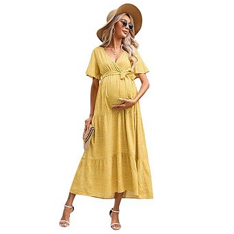 Women Maternity V Neck Flutter Sleeve Dress with Belt