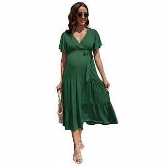 Women Maternity V Neck Flutter Sleeve Dress with Belt