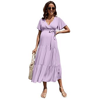 Women Maternity V Neck Flutter Sleeve Dress with Belt