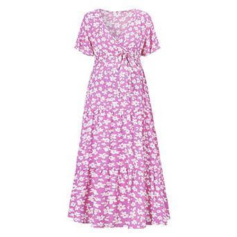 Women Maternity V Neck Flutter Sleeve Dress with Belt