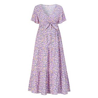 Women Maternity V Neck Flutter Sleeve Dress with Belt