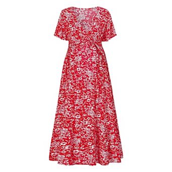 Women Maternity V Neck Flutter Sleeve Dress with Belt