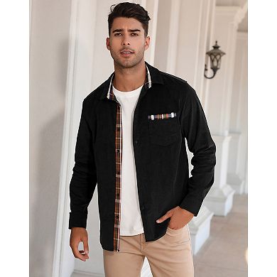 Men's Casual Shirt Corduroy Plaid Button Down Work Shirt Jacket with Pocket Shirts