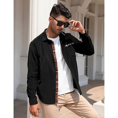 Men's Casual Shirt Corduroy Plaid Button Down Work Shirt Jacket with Pocket Shirts