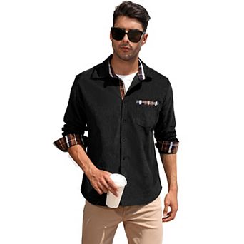 Men's Casual Shirt Corduroy Plaid Button Down Work Shirt Jacket with Pocket Shirts