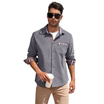 Men's Casual Shirt Corduroy Plaid Button Down Work Shirt Jacket with Pocket Shirts