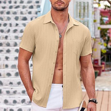 Men's Casual Button Down Shirts Short Sleeve Textured Summer Beach Shirt with Pocket