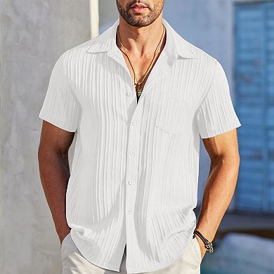 Men's Casual Button Down Shirts Short Sleeve Textured Summer Beach Shirt with Pocket