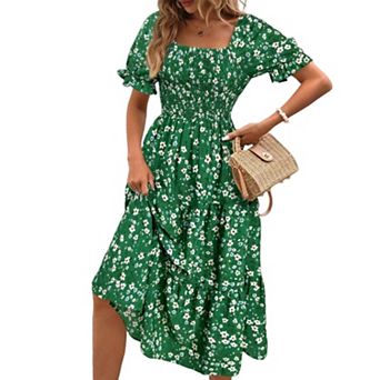 Women's Floral Puff Sleeve Tiered Dress Square Neck A Line Midi Dress
