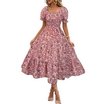 Women's Floral Puff Sleeve Tiered Dress Square Neck A Line Midi Dress