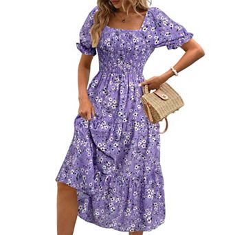Women's Floral Puff Sleeve Tiered Dress Square Neck A Line Midi Dress