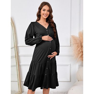 Womens Maternity Shirt Dress V-Neck Button-Down Tiered Maxi Dress with Pockets