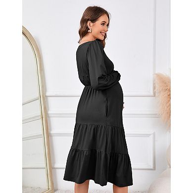 Womens Maternity Shirt Dress V-Neck Button-Down Tiered Maxi Dress with Pockets