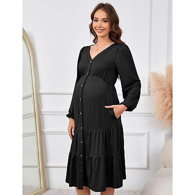 Womens Maternity Shirt Dress V-Neck Button-Down Tiered Maxi Dress with Pockets