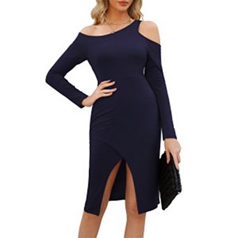 Womens Long Sleeve Cocktail Dresses Bodycon Ruched Wrap Split Party Formal Midi Dress