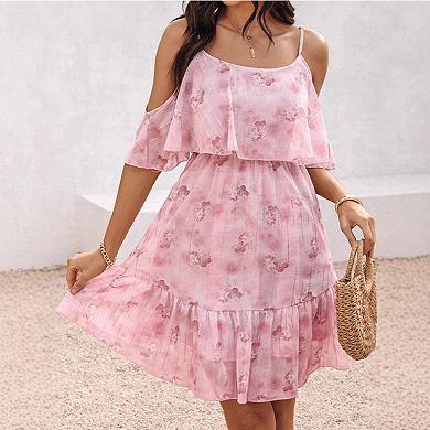 Women's Boho Floral Print Cold Shoulder Dress Short Sleeve Ruffle A Line Vacation Mini Dresses