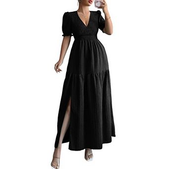 Puff Sleeve V Neck Slit Pleated Maxi Dress for Women Summer Casual Solid Color Dresses