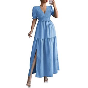 Puff Sleeve V Neck Slit Pleated Maxi Dress for Women Summer Casual Solid Color Dresses