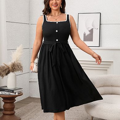 Women's Plus Size Solid Color Dress With Contrast Straps Square Neck Backless Midi Dress