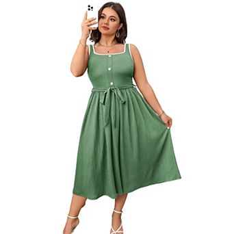 Women's Plus Size Solid Color Dress With Contrast Straps Square Neck Backless Midi Dress