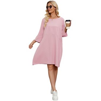 Women's Long Sleeve Midi Dress Round Neck Tunic Dress Fashion Solid Loose Fit Tshirt Dresses