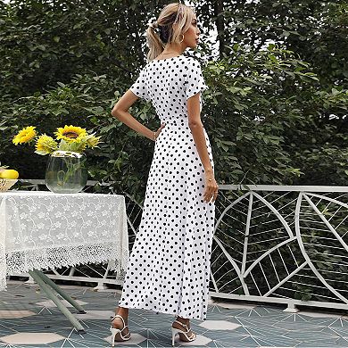 Women's Summer Short Sleeve Casual Dresses V-Neck Polka Dot Print Side Split Party Dress