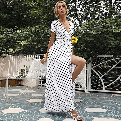 Women's Summer Short Sleeve Casual Dresses V-Neck Polka Dot Print Side Split Party Dress
