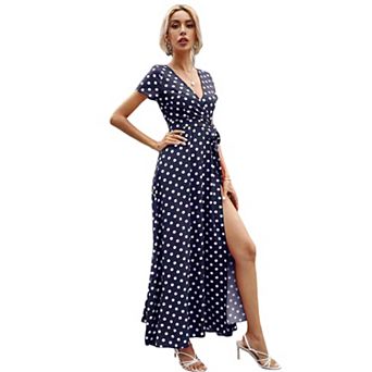 Women's Summer Short Sleeve Casual Dresses V-Neck Polka Dot Print Side Split Party Dress
