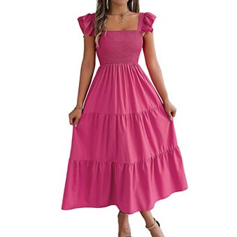 Women's Smocked Square Neck Sleeveless Midi Dress for Summer Ruffle Waist A-line Long Dresses