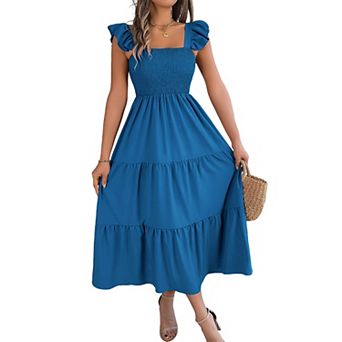 Women's Smocked Square Neck Sleeveless Midi Dress for Summer Ruffle Waist A-line Long Dresses