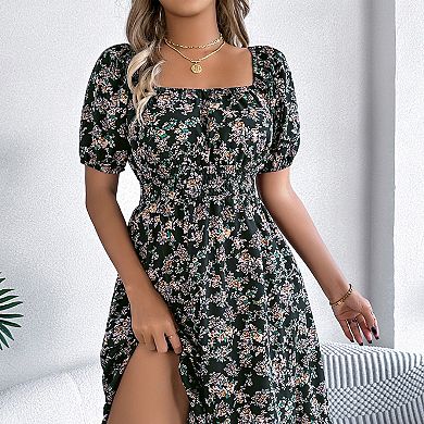 Women's Boho Square Neck Puff Short Sleeve Self Tie Front A Line Dress
