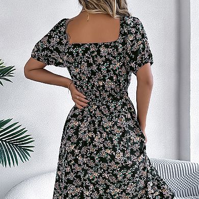 Women's Boho Square Neck Puff Short Sleeve Self Tie Front A Line Dress