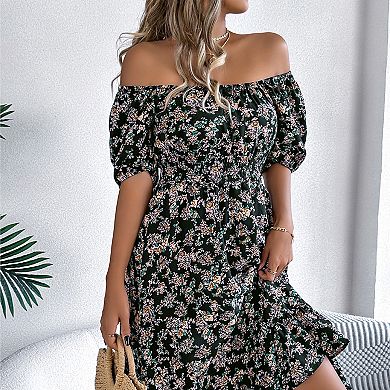 Women's Boho Square Neck Puff Short Sleeve Self Tie Front A Line Dress