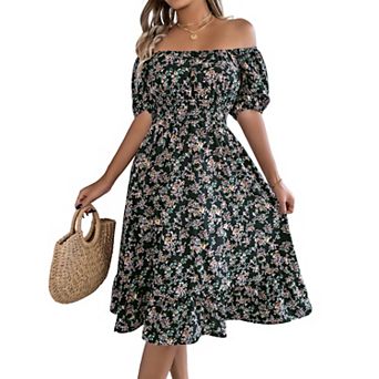 Women's Boho Square Neck Puff Short Sleeve Self Tie Front A Line Dress