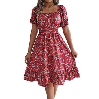 Women's Boho Square Neck Puff Short Sleeve Self Tie Front A Line Dress