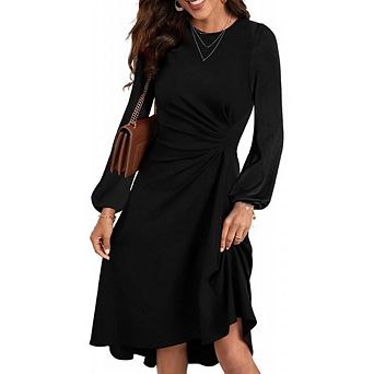 Women's Long Sleeve Ruched Waist Flowy A Line High Low Midi Cocktail Party Dress