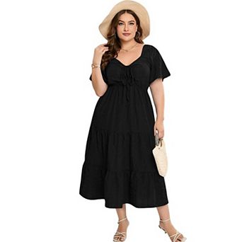 Women's Plus Size Summer Dress Sundress V Neck Short Sleeve Ruffle Hemline A Line Tiered Dresses