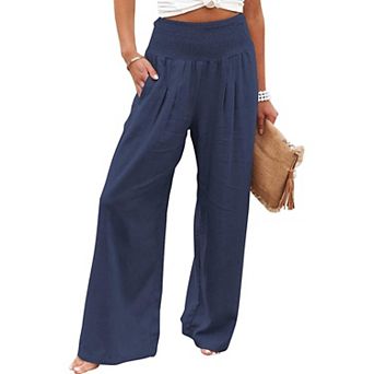 Women's Casual Style Cotton Linen Comfortable Beach Travel Vacation Mid Waist Wide Leg Pants