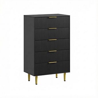 5 Drawer Dresser, Fluted Dresser, Wood Chest of Drawers Storage Organizer w/Metal Handles & Legs